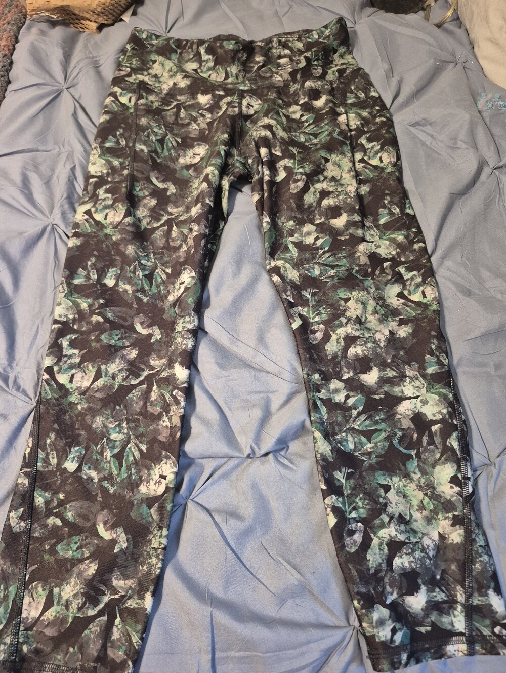 all in motion Black Leggings with Teal & White Leaf Print